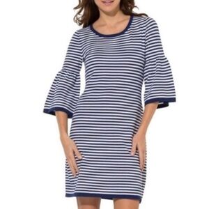 Sail to Sable Navy Blue White Stripe Bell Sleeve Knit Dress